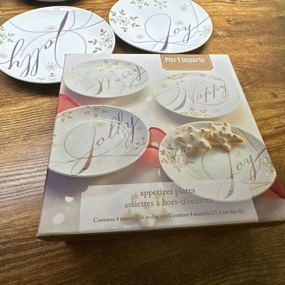 Pier 1 Imports appetizer plates Holiday Wishes set of 4 Original Box Porcelain - Picture 8 of 9